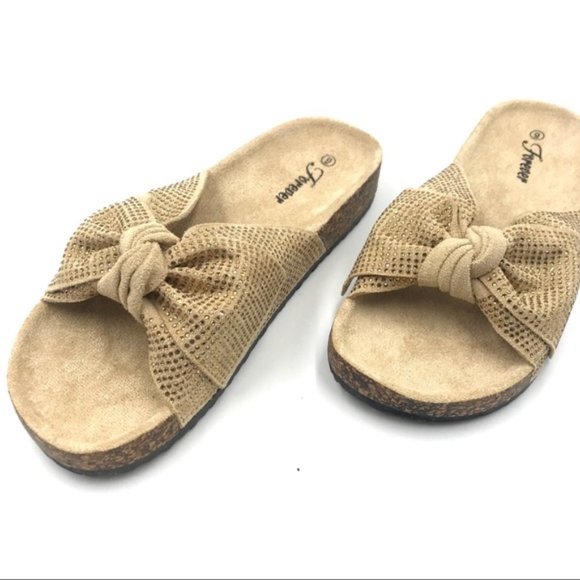 Embellished Bow Cork Slides in Beige - Picture 6 of 8